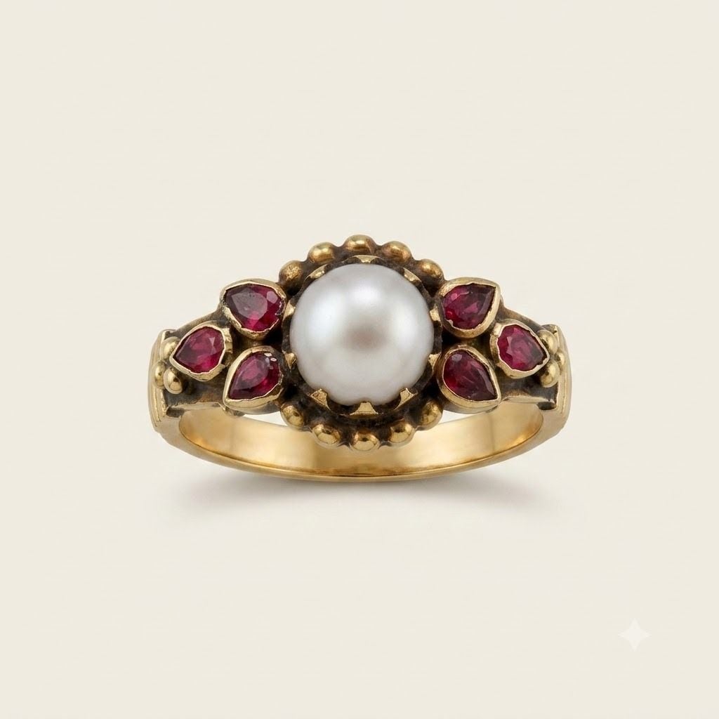 Goldring mit wunderschöner Perle sowie 6 Rubin Edelsteine — Guter Zustand (VG) Ringe